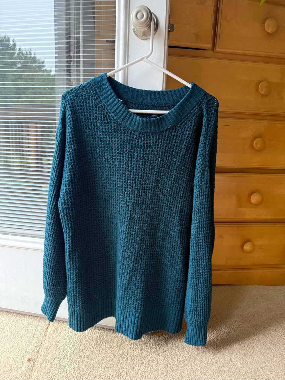 American Eagle Outfitters Teal Waffle-Knit Crewneck Sweater